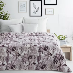 Koc polarowy 150x200 cm fioletowo, biały zdobiony nadrukiem egzotycznych liści DAVOS Eurofirany