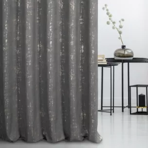 Zasłona szyta na przelotkach grafitowo złocista z miękkiej tkaniny o strukturze weluru z połyskliwym nadrukiem