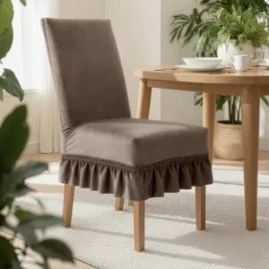 Pokrowiec na krzesło ciemnobeżowy wodoodporny z ozdobną falbanką  Design 91  Eurofirany