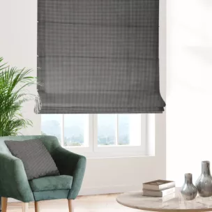 Roleta rzymska czarna tkanina welwetowa z błyszczącym, metalicznym nadrukiem drobnej pepitki