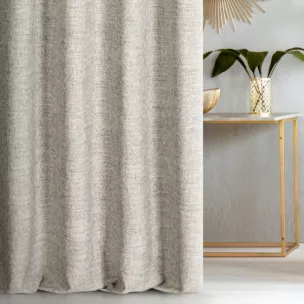 Zasłona szyta na taśmie 8 cm szarobeżowa z tkaniny w stylu eko o naturalnym splocie, z efektem melanżu, wykończona obciążnikiem