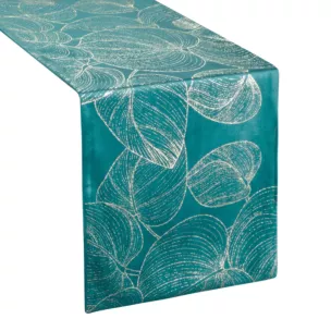 Bieżnik na stół ciemnotrkusowo, złocisty 35x140 cm welwetowy BLINK 16 z dużym wzorem liści
