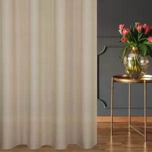 Firana szyta na tunelu beżowa z półmatowej etaminy z efektem melanżu, wykończona obciążnikiem