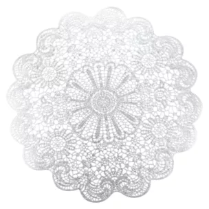 Podkładka okrągła na stół srebrna średnica 38 cm MARI z ażurowym wzorem koronki