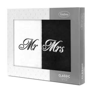 Zestaw ręczników bawełnianych 2 szt 50x90 cm z haftem MR&MRS kolor biały, czarny 400 g/m2 Eurofirany