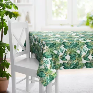 Obrus szyty biało zielony miękka, welwetowa, z błyszczącym nadrukowanym motywem botanicznym