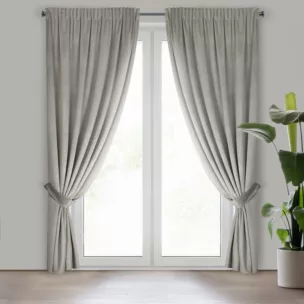 Zasłona popielata z tkaniny welwetowej, troczek w zestwie 140x300 cm taśma + troczek ANTARA Eurofirany