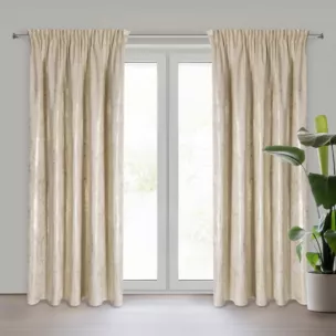 Zasłona jasnobeżowo, złota zdobiona błyszczącym przecieranym wzorem z welwetu 140x270 cm taśma RENIA Eurofirany