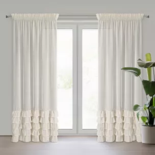 Firana beżowa z etaminy zdobiona falbanami i lśniącym pasem kryształków 140x250 cm taśma CARLI Eurofirany