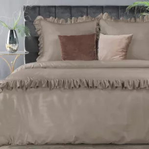 Pościel bawełniana z makosatyny 220x200 cm komplet 3 częściowy kolor beżowy z falbanami w romantycznym stylu Reina Line Eurofirany
