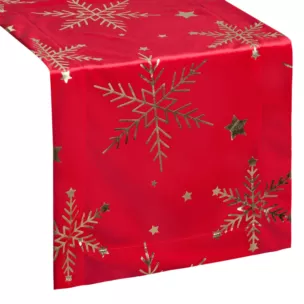 Bieżnik świąteczny 40x140 cm czerwono, szampański welwetowy zdobiony błyszczącym nadrukiem Eurofirany