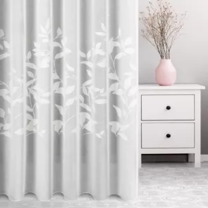 Firana szyta na flexach biała burnout z etaminy w motywy roślinne, wykończona obciążnikiem