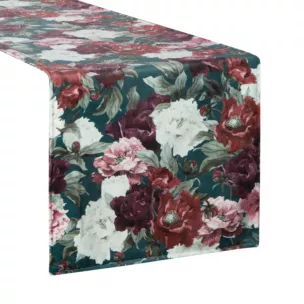 Bieżnik na stół zielono, bordowy 35x180 cm welwetowy VELVET 2 z nadrukiem barwnych kwiatów