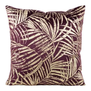 Poszewka na poduszkę 45x45 cm welwetowa ze złocistym nadrukiem botanicznych liści fioletowa BLINK 26 Eurofirany