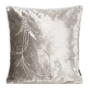 Poszewka na poduszkę 45x45 cm welwetowa zdobiona wzorem z kryształków i srebrnym sznurem na brzegach beżowa ROYAL 10 Eurofirany