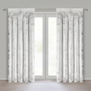 Zasłona biało, srebrna zdobiona nadrukiem błyszczących kwiatów 140x270 cm taśma - CELIA Eurofirany