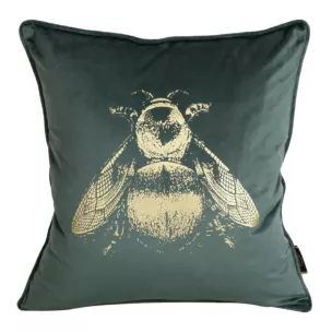 Poszewka na poduszkę 45x45 cm welwetowa dwustronna z nadrukiem złocistej pszczoły, tył z tkaniny o strukturze lnu miętowa BLINK 41 Eurofirany