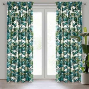 Zasłona biało, zielona z błyszczącym wzorem egzotycznych liści z welwetu 140x270 cm taśma DAVOS  Eurofirany
