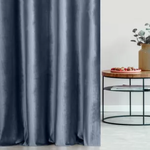 Zasłona szyta na taśmie fala niebieska z tkaniny welwetowej w pionowe prążki, wykończona obciążnikiem