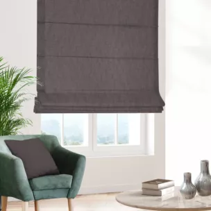 Roleta rzymska grafitowa z tkaniny zaciemniającej typu dimout o naturalnym splocie, z efektem melanżu