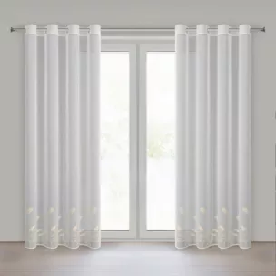 Firana biało, beżowa z etaminy zdobiona haftem w źdźbła ozdobnej trawy 140x250 cm przelotka - TASHA Eurofirany