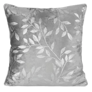 Poszewka na poduszkę 45x45 cm welwetowa z błyszczącym metalicznym nadrukiem liści pudrowo stalowa VELVET 71 EUROFIRANY PREMIUM