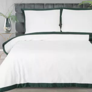 Pościel 220x200 cm bawełniana z makosatyny kolor biały, ciemnozielony z kontrastującą kantą Reina Line Eurofirany
