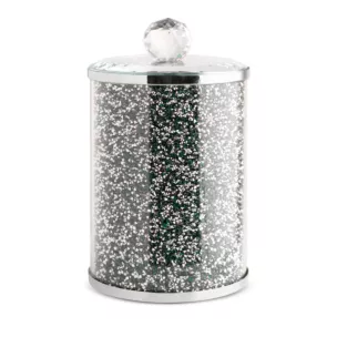 Pojemnik szklany zielono-srebrny  do przechowywania z kryształkami, w stylu glamour średnica 10x17 cm VENTOSA   Eurofirany