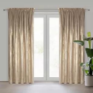 Zasłona beżowo, szampańska zdobiona błyszczącym przecieranym wzorem z welwetu 140x270 cm taśma RENIA Eurofirany