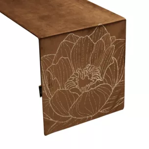 Bieżnik na stół brązowo, złocisty 35x220 cm welwetowy BLINK 13 z dużym wzorem lilii wodnej