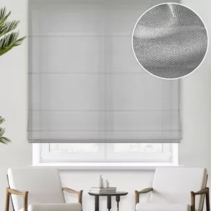 Roleta rzymska szara z miękkiej tkaniny o lekkim splocie i delikatnym połysku, wykończona obciążnikiem
