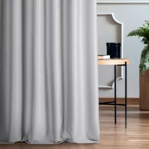 Zasłona szyta na taśmie fala JULIETT popielata z eleganckiej połyskującej tkaniny przetykanej lureksową nicią