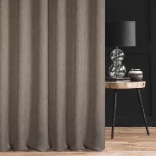 Zasłona szyta na taśmie 5 cm brązowo złocista z melanżowej tkaniny w stylu eko z dodatkiem nici metalicznej