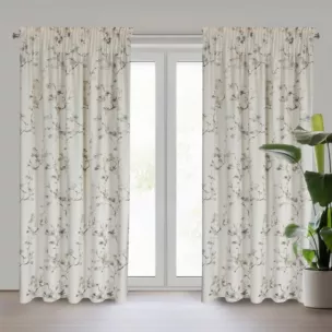 Zasłona kremowo, szampańska z błyszczącym nadrukiem kwiatu jabłoni, welwetowa 140x270 cm taśma SELENA  Eurofirany