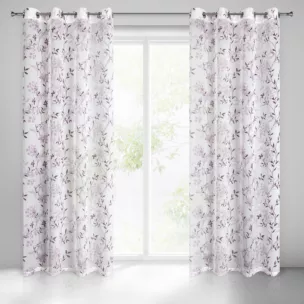 Firana biało, fioletowa półprzezroczysta z lekkiej matowej etaminy z nadrukiem kwiatów 140x250 cm przelotka FIONA Eurofirany