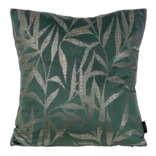 Poszewka na poduszkę 45x45 cm welwetowa ze złocistym nadrukiem liści ciemnomiętowa BLINK 22 Eurofirany