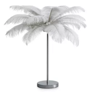 Lampa stojąca do salonu srebrna FERI na metalowej podstawie z niezwykle efektownym abażurem z naturalnych strusich piór Eurofirany