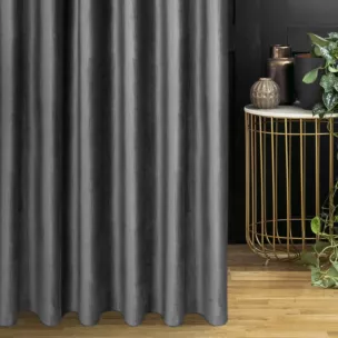 Zasłona szyta na taśmie fala grafitowa z tkaniny welwetowej w pionowe prążki, wykończona obciążnikiem