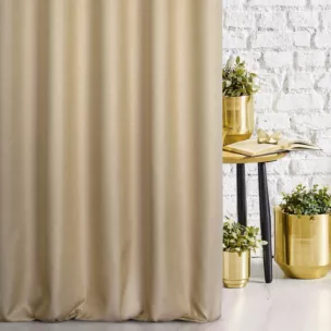 Zasłona szyta na taśmie fala ciemnobeżowa z tkaniny z dodatkiem połyskującej nici, z widocznym ozdobnym splotem