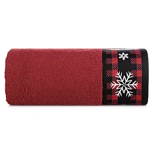 Ręcznik kąpielowy świąteczny 70x140 cm bawełniany kolor czerwony z żakardową bordiurą w śnieżynki 480 g/m2 RUDOLF Eurofirany
