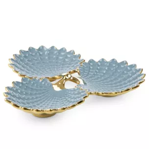 Patera ceramiczna dekoracyjna niebiesko-złota trójdzielna, w formie połączonych liści 37x35x6 cm HIRAL Eurofirany