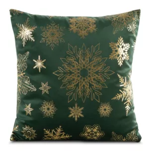 Poszewka na poduszkę 45x45 cm welwetowa zdobiona śnieżynkami zielono, złota JOY Eurofirany