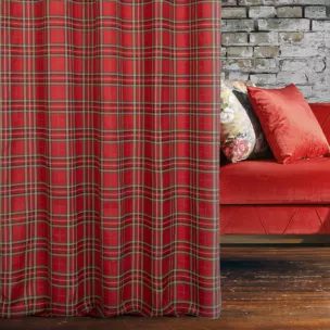 Zasłona szyta na taśmie fala czerwona z tkaniny gobelinowej o wzorze w kratę