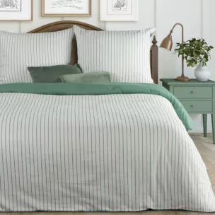 Pościel 140x200 cm komplet 2 częściowy z satyny bawełnianej kolor biało, miętowy w paseczki RAYA Eurofirany