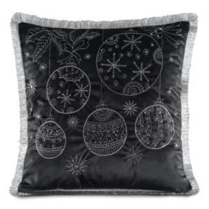 Poszewka na poduszkę 45x45 cm z haftowanym świątecznym motywem z frędzlami na brzegach czarno, srebrna Eurofirany