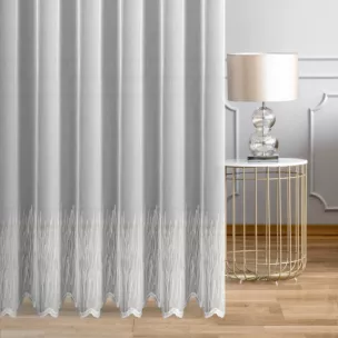 Firana szyta na taśmie 5 cm biała z matowej tkaniny typu ADEN z efektem deszczyku, zdobionej dołem fantazyjnym haftem