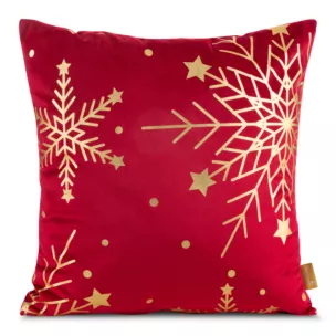 Poszewka na poduszkę świąteczna 45x45 cm welwetowa czerwona zdobiona świątecznym nadrukiem szampańskich śnieżynek Eurofirany