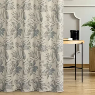 Zasłona szyta na tunelu naturalno niebieska z żakardowej tkaniny z dodatkiem bawełny zdobiona botanicznym wzorem ze srebrną nicią