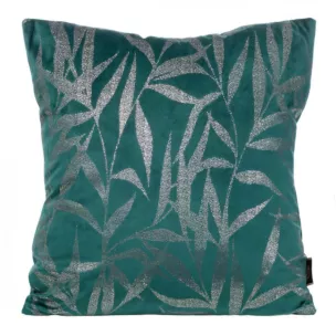 Poszewka na poduszkę 45x45 cm welwetowa ze złocistym nadrukiem liści ciemnoturkusowa BLINK 22 Eurofirany
