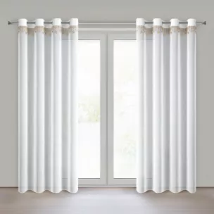 Firana świąteczna biało, złota z etaminy zdobiona aplikacją z motywem gwiazdek 140x250 cm przelotki - XMAS Eurofirany